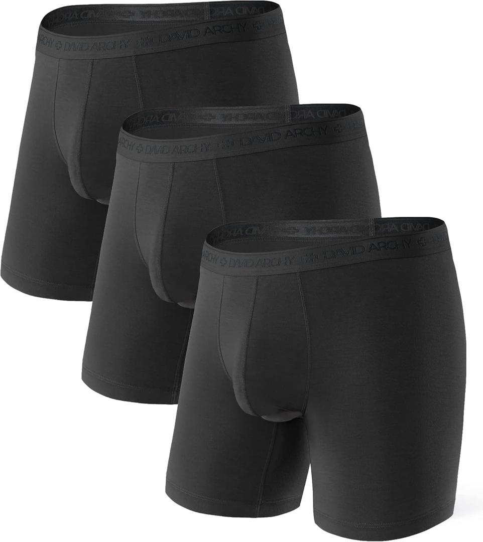 DAVID ARCHY Men's Underwear Boxer Briefs with Fly, Dual Pouch Modal Design, Support Fit, Multipack (C2, Black - 6.5" in 3 Pack)
