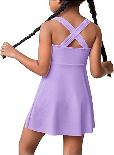 WDIRARA Girl's Tennis Dress Sleeveless Crisscross Back Athletic Workout Tank Dresses Purple,5Y