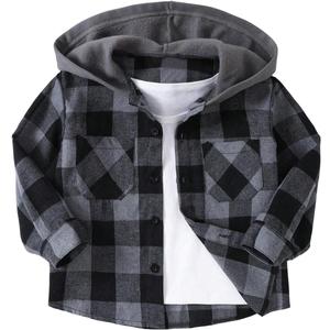 GORGLITTER Boy's Plaid Flannel Button Down Halloween Shirts Fall Long Sleeve Hooded Blouse Dressy Outfits Clothing, Size 6Y (Gray)