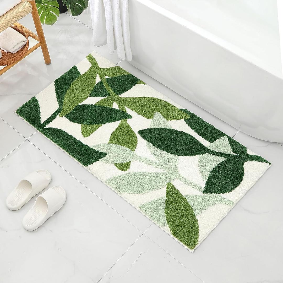 Gibelle Long Bathroom Runner Rug 24"x48", Green Leaves Large Bath Runner Rugs for Bathroom, Non-Slip Strong Water Absorbent Plush Microfiber Bath Mat Runner Washable