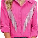 MYMORE Womens Sparkly Fringe Button Down Shirt Rolled 3/4 Sleeve Top Country Concert Nashville Western Cowgirl Outfit L