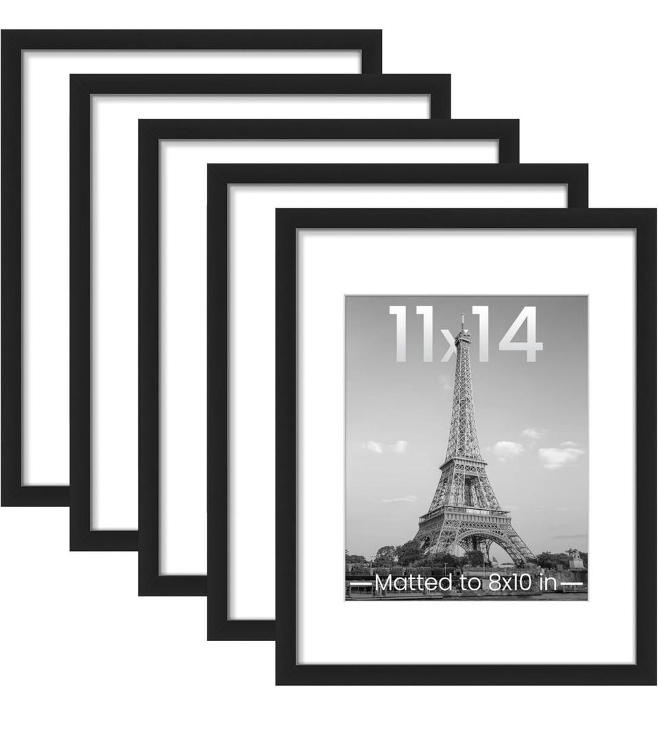 Upsimples 11x14 Picture Frame Set of 5, Display Pictures 8x10 with Mat or 11x14 Without Mat, Wall Gallery Photo Frames, Black