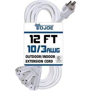 YOJOE 3-Outlets Indoor Outdoor Extension Cord, 3 Prong 15A Weatherproof Power Cord Multiple Outlets, 10 Gauge Heavy Duty 12 ft White Extension Cord for Garage, Garden, 10/3 SJTW UL Listed