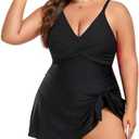 MFAVIP Women Plus Size Swim Dress Tummy Control One Piece Swimsuit V Neck Wrap Full Coverage Bathing Suit Cute Tie Knot XL
