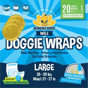 Bodhi Dog Disposable Male Dog Diapers - Super Absorbent, Leak-Proof Pee Wraps - Adjustable Fit, Comfortable Design, Advanced Moisture Control, and Wetness Indicator - Large (20 Count)