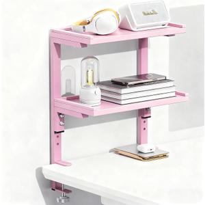 Spacrea clamp on Desk Shelf, 2 Tier Office Desk Shelves Organizer, Wood Desktop Supplies Storage Rack, Desk Organizers and Accessories (Pink)
