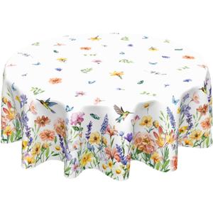 Spring Summer Tablecloth Round 60 Inch Green Yellow Floral Butterfly Table Cloth Pink Purple Flower Decorative Outdoor Table Cover for Kitchen Dining Holiday Party Picnic Indoor Home Decor