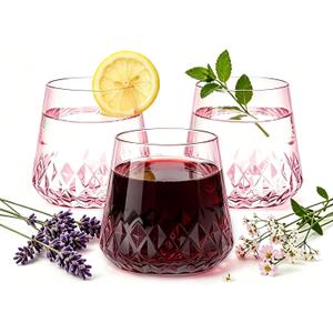 Lueumxc 40 Pack Pink Plastic Wine Glasses, 14Oz Rhombus Disposable Wine Glasses Unbreakable Clear Plastic Cocktail Glasses Recyclable Shatterproof Reusable Wine Cups, 3.5*3.1inches