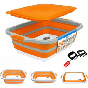 Collapsible BBQ Prep Tub with Lid - XL 4.22 GAL Folding Cutting Board & Food Basin for Outdoor Cooking, Marinating Container, Space Saving Prep Station