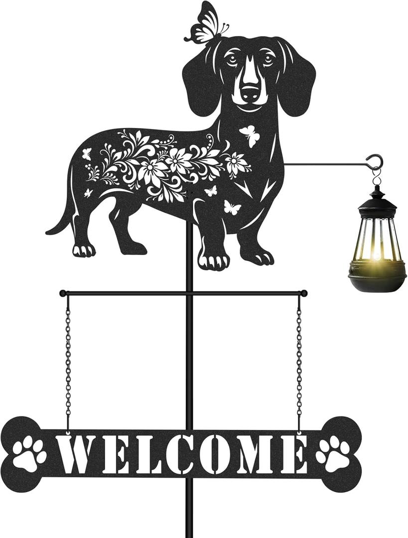Dachshund Gifts Garden Stakes - Metal Yard Art Decor Waterproof Welcome Sign with Solar Light Dog Statues Outdoor for Patio Lawn Pathway Backyard Birthday Gift for Women Wife Dogs Lover