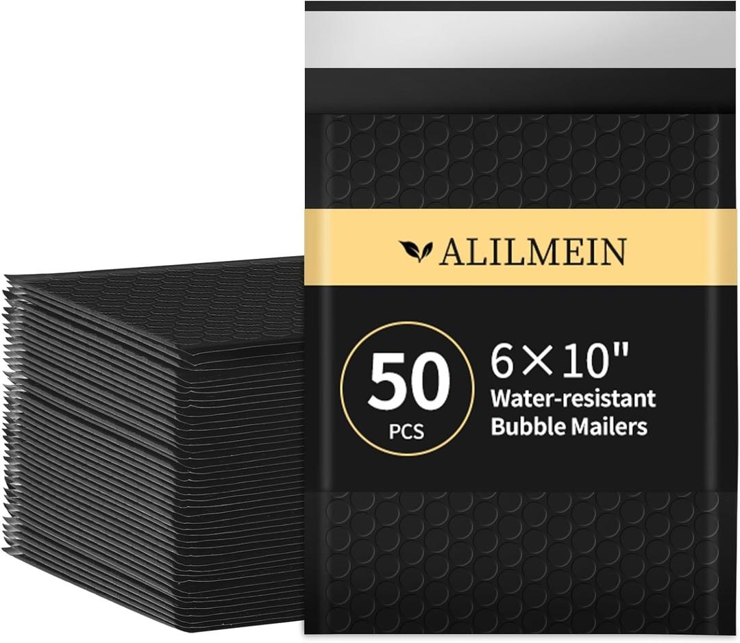 610" Inch Bubble Mailers 50 Pack Waterproof Padded Envelopes Self Seal Adhesive Shipping Bags for Mailing Cards Jewelry Makeup and Small Business Packaging (Black)