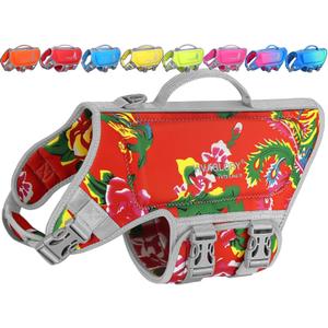 VIVAGLORY Dog Life Vest High Buoyancy Dog Life Jacket, XS, Floral Red | Swimming Vest with Handle & Leash Ring for Boating & Swimming, Sturdy High Visibility for Doggy