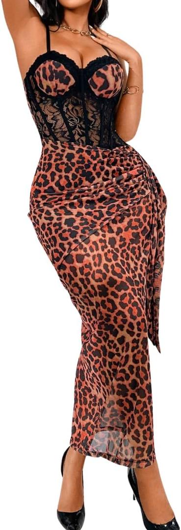 ChiaoLezhee Women's Sexy Lace Bustier Maxi Dress, Built-in Bra Underwire Corset Bodycon Clubwear Festival Outfits, Small