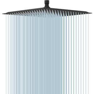 BESy 16 Inch Rain Shower Head, 16" Square Rainfall & High Pressure Stainless Steel Bath Showerhead, 1/16" Ultra Thin, Waterfall Full Body Coverage with Silicone Nozzle, Matte Black Finish