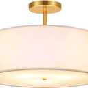 FRIDEKO HOME 3-Light Semi Flush Mount Ceiling Light Fixture, 15.74" Gold Drum Light, Modern Close to Ceiling Light with White Fabric Shade Lamps for Bedroom Living Room Kitchen Hallway Entryway Foyer