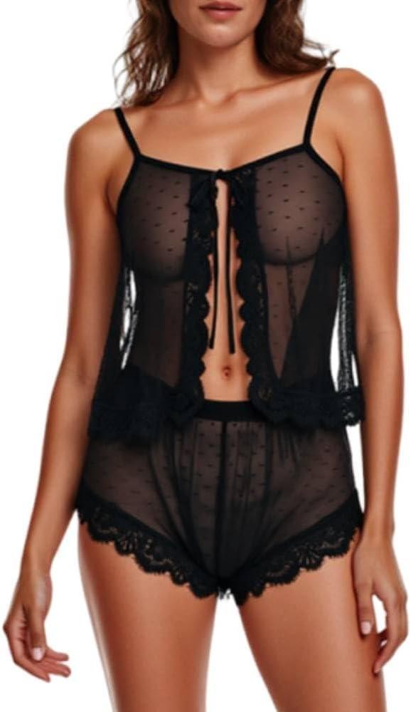Lingerie for Women Sexy Pajamas Sheer Open Front Sleepwear Lace Polka Dot Cami Shorts Set 2 piece (Black, XL)