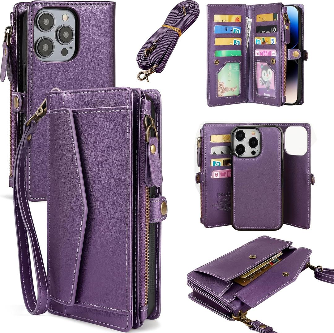 for iPhone 15 Pro Max Wallet Case for Women, Support Wireless Charging with RFID Blocking Card Holder, PU Leather Zipper Wallet Detachable Magnetic Phone Case with Crossbody Strap, Purple