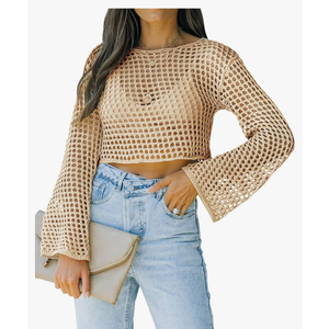 Womens Fishnet Crochet Crop Top Sexy Long Sleeve See Through Hollow Out Mesh Bikini Cover Ups ,M