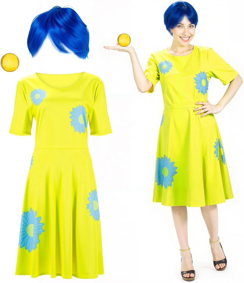 Chuangdi 3 Pcs Halloween Costume Set Include Short Blue Wig Yellow Movie Party Dress Crystal Ball for Women (XX-Large)