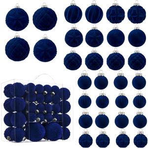 Velvet Christmas Ball Ornaments - 46pcs Flocked Christmas Tree Decorations Set Assorted Shatterproof Hanging Ornaments with Loop for Xmas Holiday Home Decor, 3 Sizes (Navy Blue)