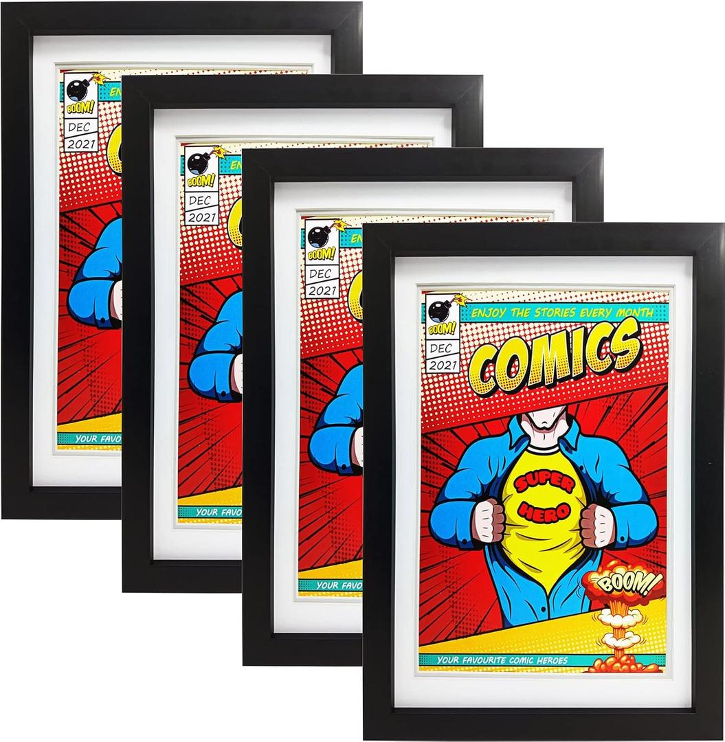Comic Book Frame,4 Pack,Ultraviolet UV Protection, Fits Current Comics up to 6 3/4 inch x 10 1/4 inch, Wall or Tabletop Display,Spring Clips (Black Frame White Mat, 4)