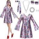 Jiuguva 6 Pcs 70s Disco Outfit for Women 70s Disco Dress Costume Hippie Clothes Accessories Jewelry for Halloween Party, L