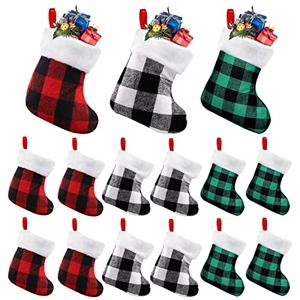 XIMISHOP 12PACK Christmas Mini Stockings, 7” Double Side Xmas Red Green White Buffalo Plaid Fireplace Hanging Snowflake Stocking with Plush Cuff for Christmas Tree Decor