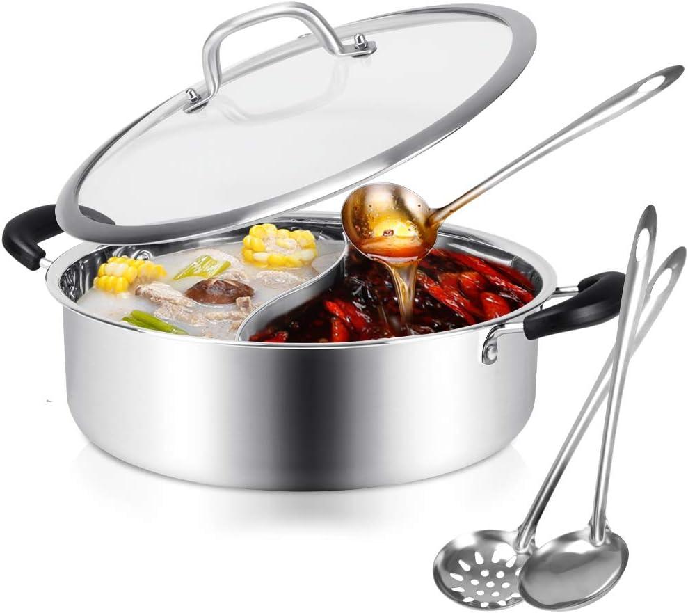 Hot Pot with Divider Stainless Steel Shabu Shabu Pot for Induction Cooktop Gas Stove 11 Suitable for 2-3 Person (11 inch)