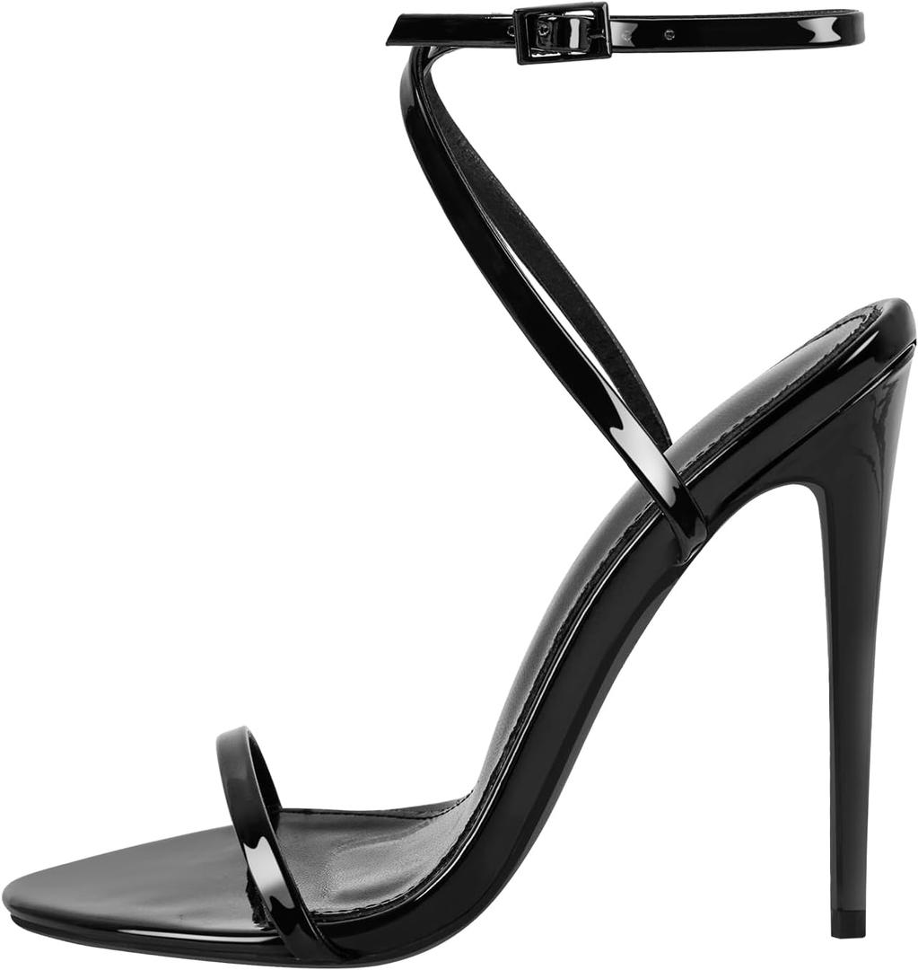 Strappy High Stiletto Heels, Ankle Strap Buckle Heeled Womens Sandals, Sexy Comfort Open Round Toe Heels for Daily Party Dress (8, Black)