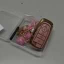 Sparkly Key Fob Cover with Cherry Keychain, Bling TPU Smart Key Case for Women, Compatible with Ford Fusion Mustang Ranger Explorer Expedition Lincoln Aviator Corsair (5-Button, Gold Pink)