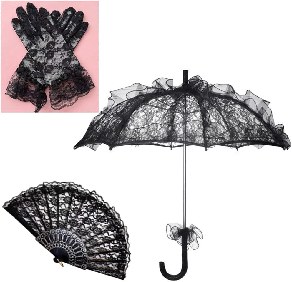 Lace Parasol Set Halloween Black Lace Umbrella Parasol Vintage Embroidery Umbrella Black Flower Gloves Handheld Folding Fan for Weeding Bridal Dancing Party Halloween Cosplay