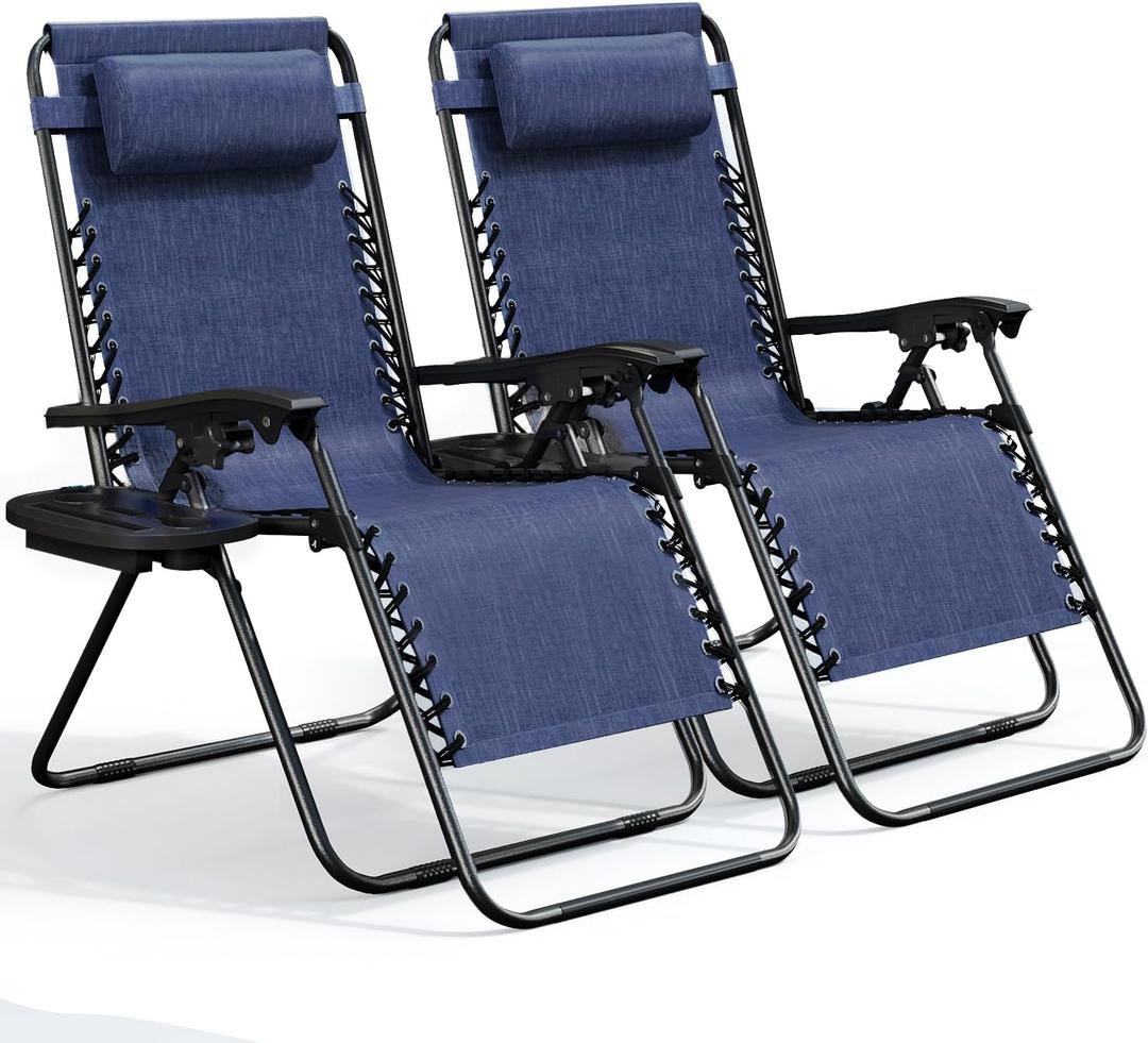 Nestl Zero Gravity Chair  Patio Lounge Chair Outdoor with Pillows & Cup Holder Trays, Adjustable Steel Mesh Reclining Camping Chair, Folding Patio Lawn Chair for Deck, Beach, Yard - Blue