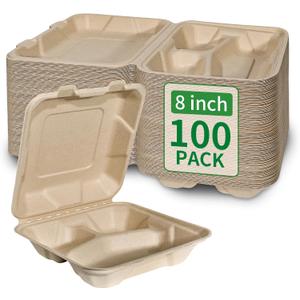 Aricsen Compostable 100 Pack 8x8 Inch 3 Compartment Takeout Lunch Box Containers with Lid To Go Take Out Clamshell for Food, Disposable Eco-Friendly Biodegradable Bagasse, PFAS-Free, Unbleached Brown