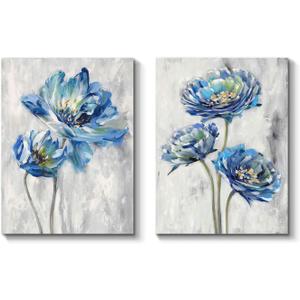 TAR TAR STUDIO Blue Flower Artwork Canvas Picture: Floral Painting Bloom Wall Art Print on Canvas for Dining Room (11''W x 16''H x 2 PCS, Multiple Sizes/Material)