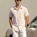 AOTIK Mens Cotton Linen Shirt Button Down Short Sleeve Shirt XXL Beige
