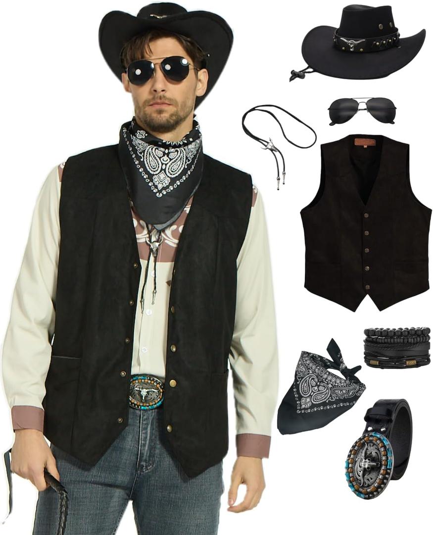 7pcs Cowboy Costume Outfit for Men Western Cowboy Clothes Vest Accessories for Cowboy Party (Large, Black)