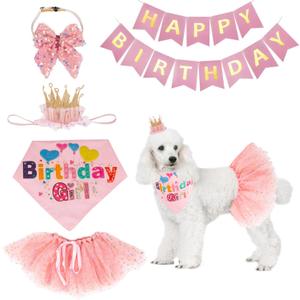 ADOGGYGO Dog Birthday Hat Bandana Girl - Puppy Birthday Party Supplies - Pink Tutu Hat Scarf Bow Banner Set for Medium Large Dogs (Large)