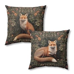 OFJE Moody Floral Fox Pillow Covers 18x18 Set of 2, Dark Cottagecore Botanical Moody Throw Pillow Covers, Moody Floral Fox Lover Gifts