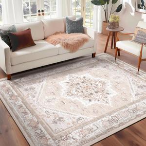 BESTSWEETIE 6x9 Area Rugs for Living Room Washable Non Slip Carpet Low Pile Soft Vintage Print Pattern Rug for Bedroom Dining Room Kitchen Entryway Indoor-Light Pink (Light Coral Pink/Orange/Brown)