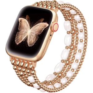 fastgo Beaded Bracelet Band Compatible with Apple Watch Band 44mm/45mm/42mm/49mm Women(Rose Gold)