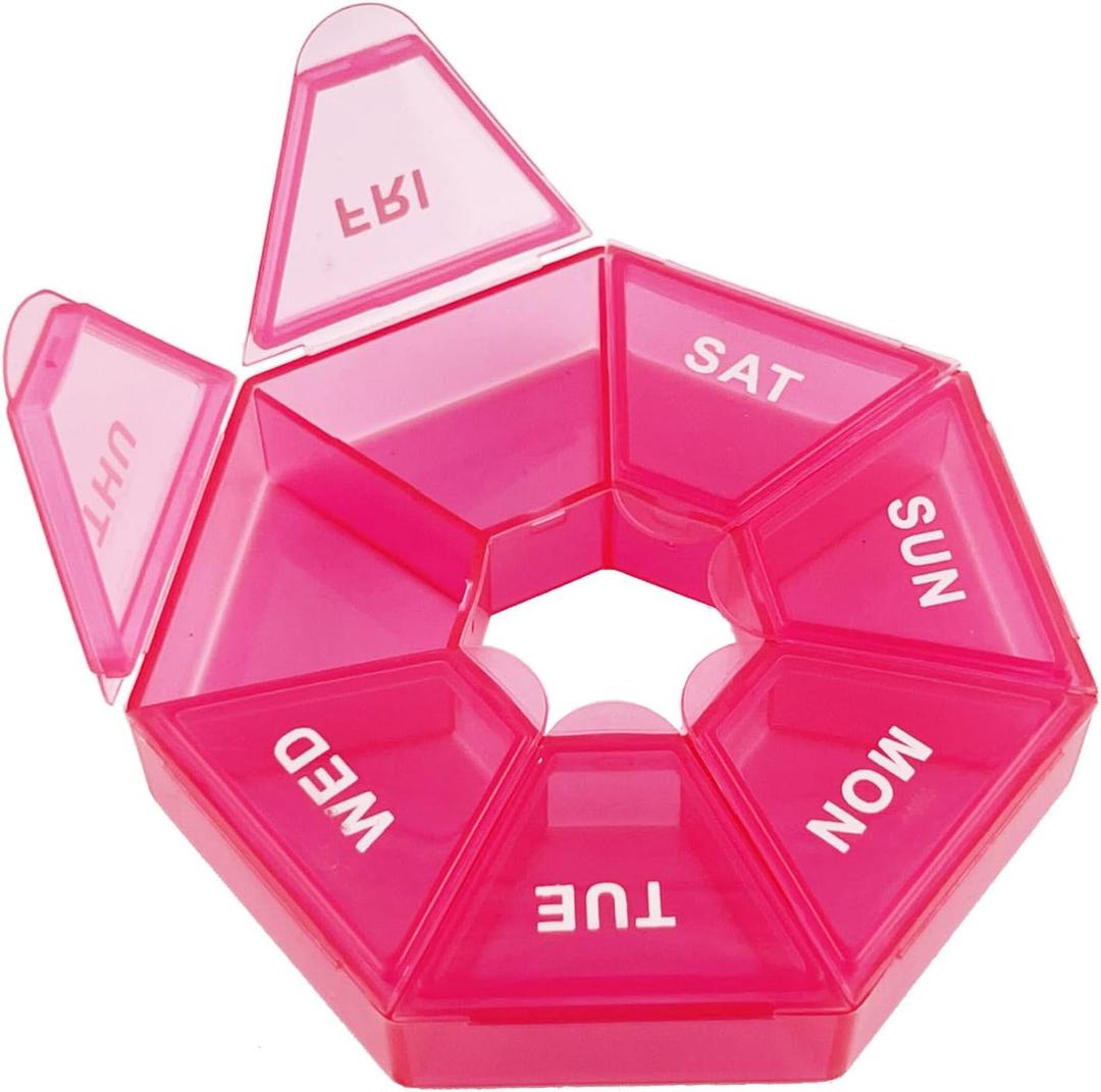 Deke Home - Small Weekly Pill Organizer, Round Pill Dispenser for Travel, Mini Pill Organizer, Compact Medicine Holder, Pill Sorters 7 Days, Portable Vitamin Container, BPA Free (Food Grade) (Pink)