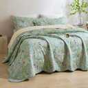 Lady Ann Oversized King Quilt 128x120, Green Flower Bird Butterfly Pattern Print Bedding Set with Scalloped Edge, Lightweight Large Extra Soft Quilted Bedspread & Coverlet with Pillow Shams,3 PCS, Oversized Cali King