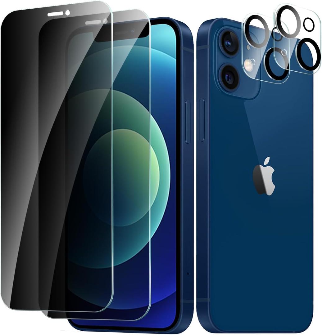 2+2 Pack for iPhone 12 Mini Privacy Screen Protector with Camera Lens Protector, Anti Spy Tempered Glass Protection Film 9H Hardness, Scratch Resistant, Case Friendly