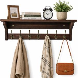 Wall Mounted Coat Rack with Shelf, Solid Wood & Bronze Metal Hooks – 31.1 Inch Entryway Organizer with 7 Hooks for Hanging Coats, Hats, Bags, Keys, Rustic Brown for Hallway，Bedroom（31.1 Inch）