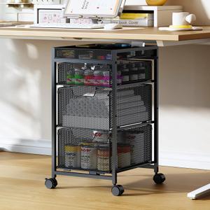 Rolling Utility Cart with 3 Drawers, Craft Organizer and Storage with DIY Divider, Lockable Wheels, Multi-Functional Storage for Art Supplies, Store for Brushes & Paints & Small Parts(Patent Pending), Black, 14.96"D x 13.37"W x 25.2"H