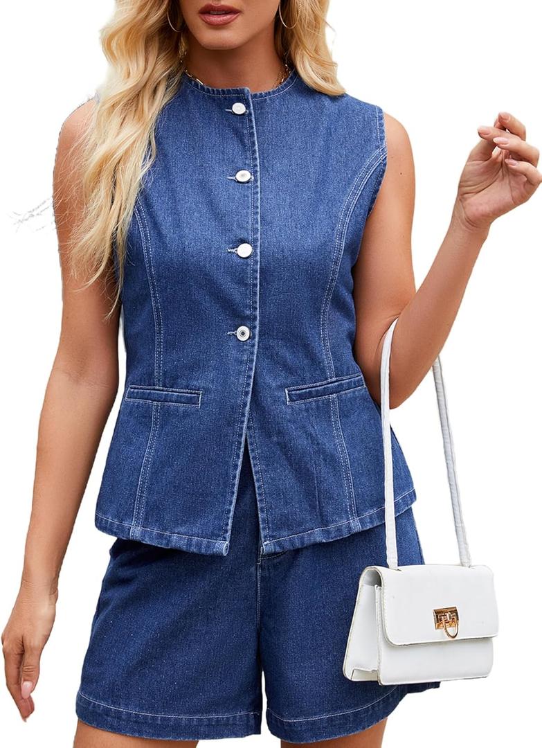 Denim Vest Women Jean Vest Tops Button Down Sleeveless Denim Tank Tops Crew Neck Summer Trendy Waistcoat with Pockets (Large, 01-blue)