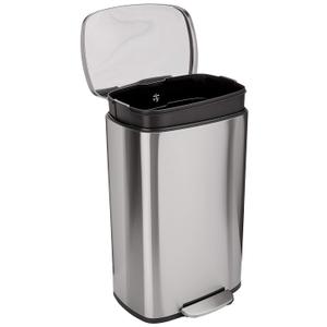 Amazon Basics LARGE Trash Can, 13.2 Gallon (50L), Smudge Resistant Rectangular Bin with Soft-Close Lid, Step Foot Pedal, Removable Inner Bucket, Brushed Stainless Steel, Satin Nickel Finish
