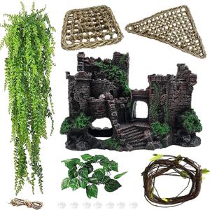 Tank Accessories for Bearded Dragon Include Resin Classical Castle Reptile Hammocks Climb Habitat Hanging Jungle Vines Flexible Leaves Climbing Decor for Chameleon Lizard Gecko Spider(6 PCS)