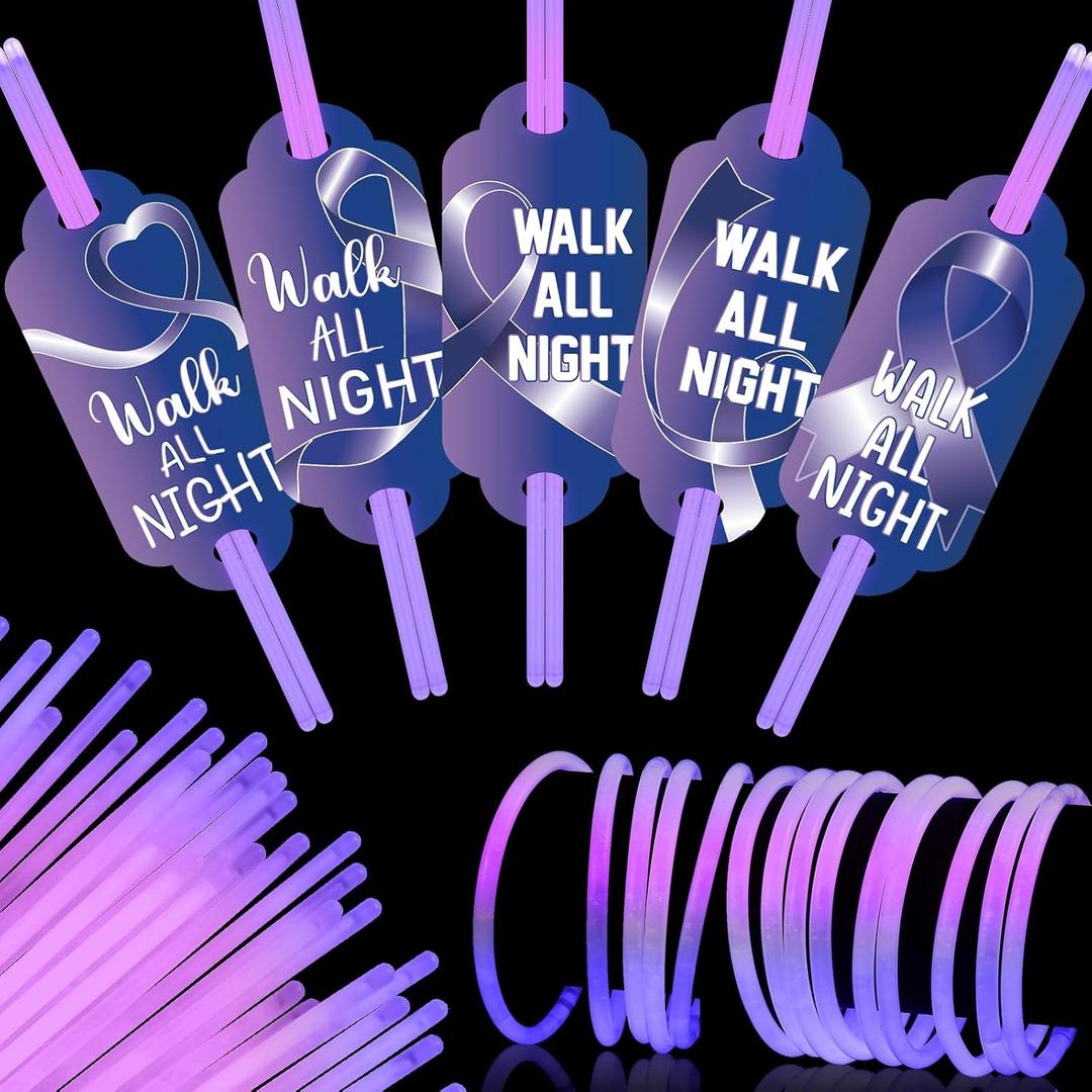 50 Sets Domestic Violence Awareness Glow Sticks with Cards Include 50 Pcs Purple Awareness Ribbon Cards 100 Pcs Glow in the Dark Sticks for Take Back the Night Party Favors Benefit Dinners