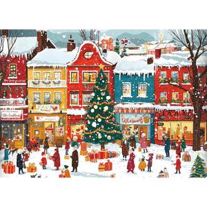 Snowy Christmas Town 1000 Piece Puzzle for Adults, Fun Puzzles for Adults 1000 Pieces with HD Print & Poster, 27.5 * 19.7 in Dust Free, for Gifts Halloween Christmas Family Games Lovers